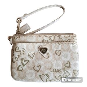 Small Coach Waverly Hearts wristlet, taupe and white with olive design